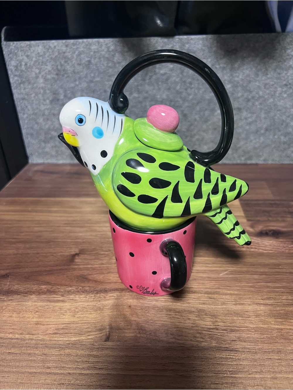 Ceramic Budgie Teapot and Cup Set - Green & Pink